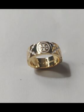 Tory Burch Gold Ring with White Enamel Logo Accents